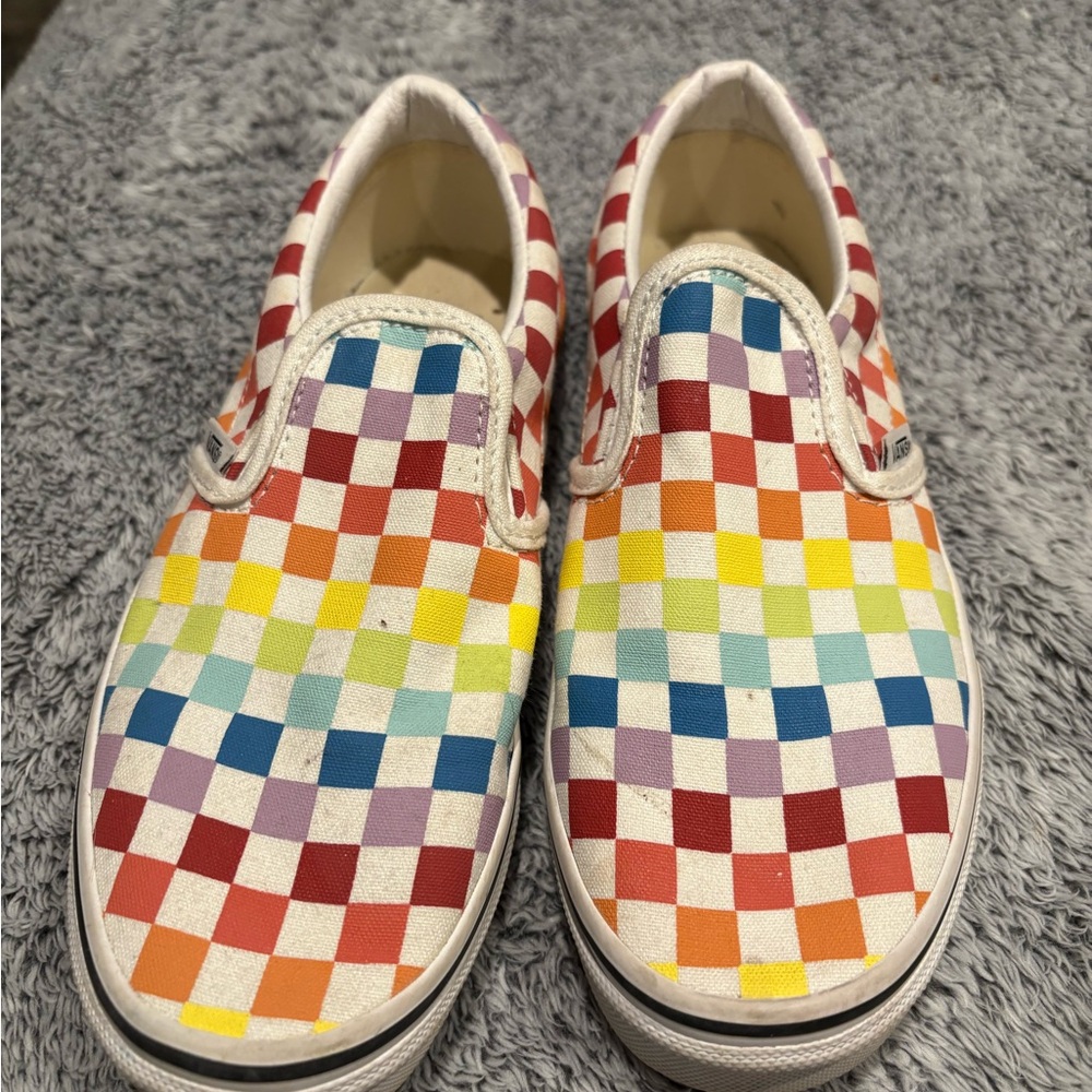 Vans Rainbow checkered canvas slip-on shoes, 3.5 Youth Size